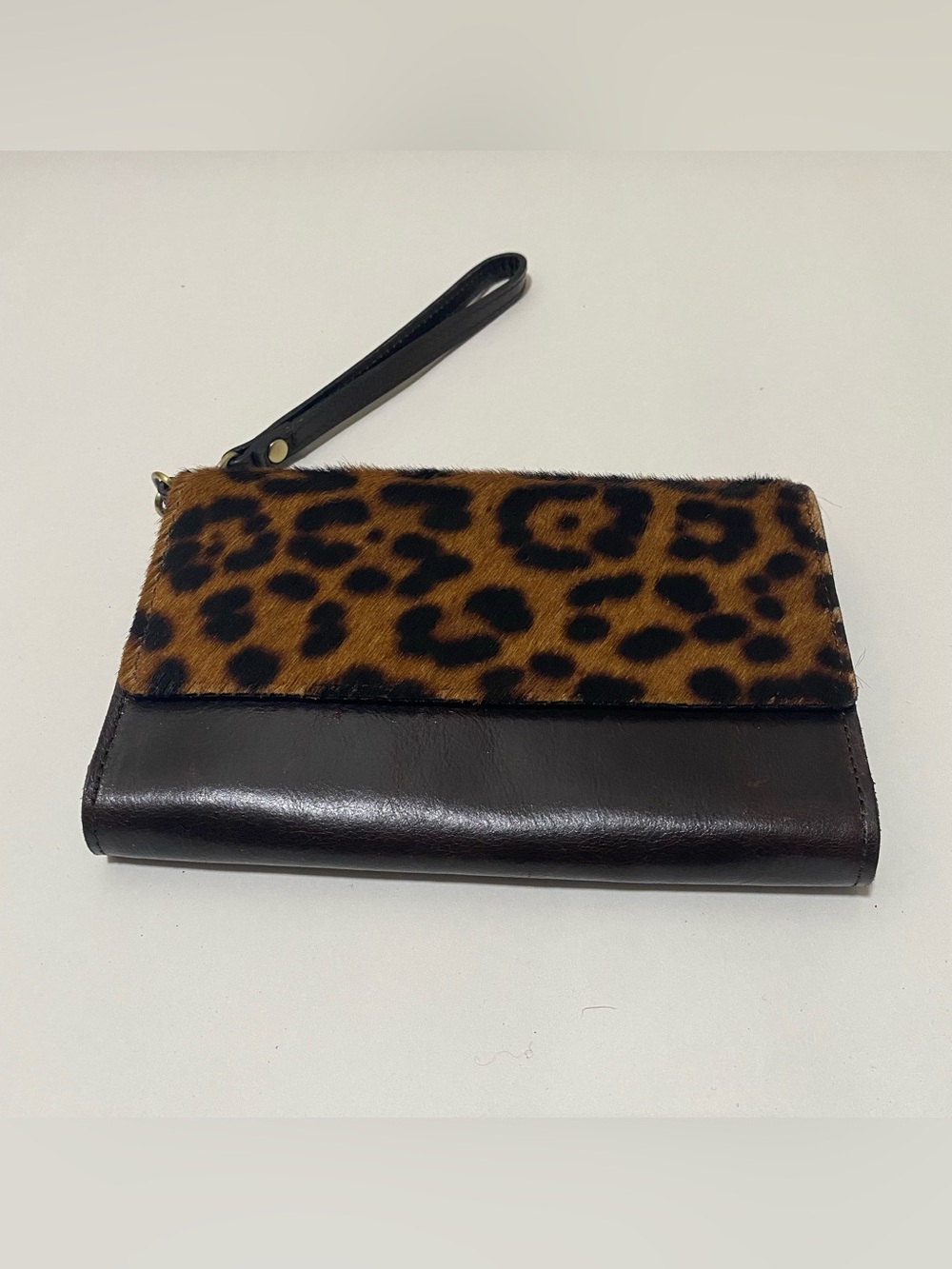 Patricia Nash Calf Hair Leopard Print Wristlet Wallet Brown Leather RFID